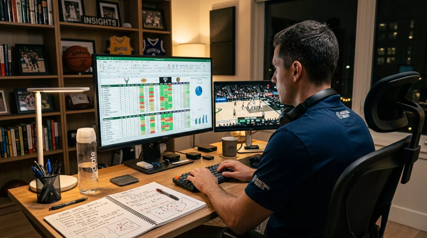 Analista revisando estadísticas de baloncesto ACB en su escritorio con notas y gráficos