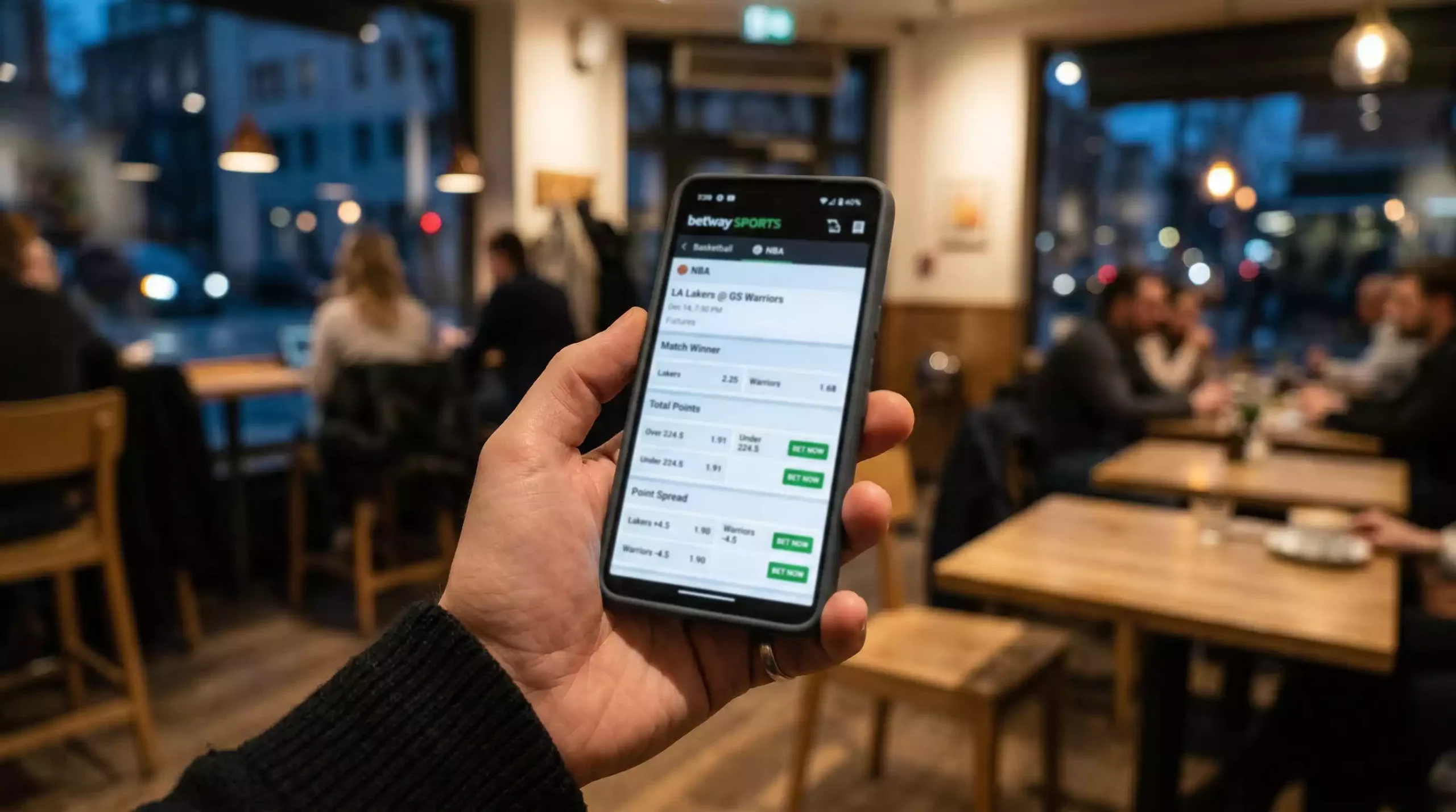 Mano sosteniendo un smartphone con una aplicación de apuestas de baloncesto abierta