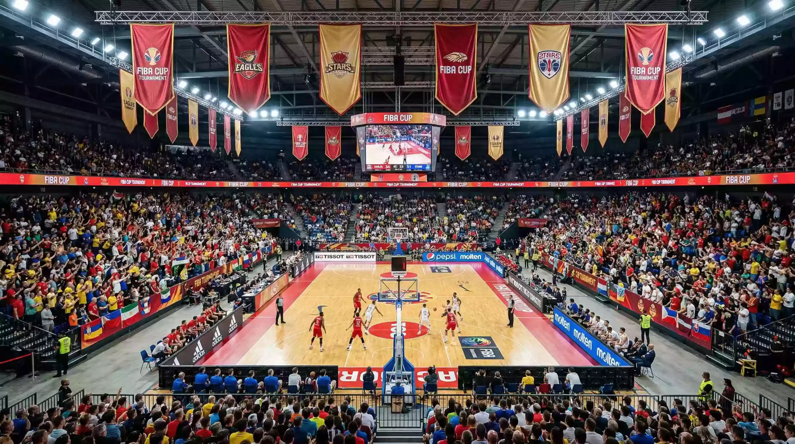 Cancha de baloncesto preparada para la Copa del Rey con gradas llenas de aficionados