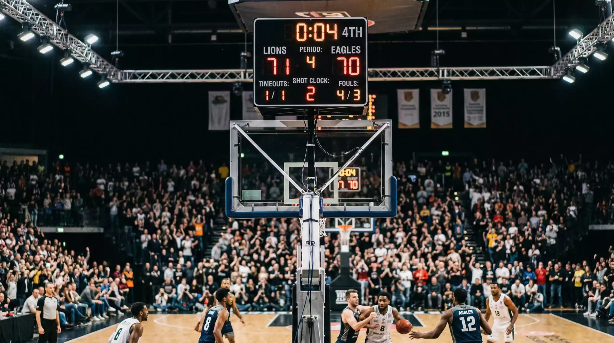 Cancha de baloncesto con un marcador mostrando un resultado apretado en un partido de la zona baja ACB