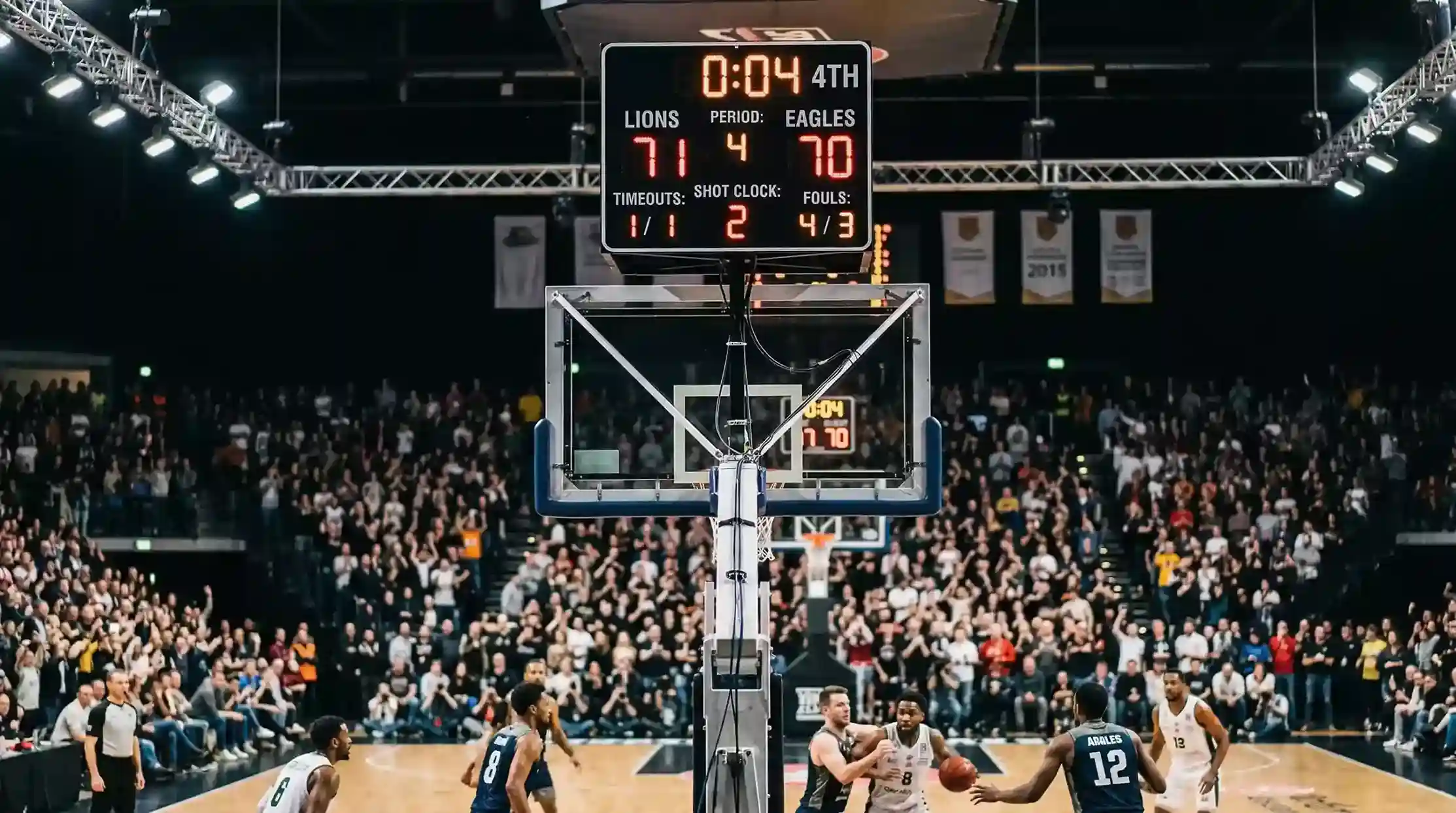 Cancha de baloncesto con un marcador mostrando un resultado apretado en un partido de la zona baja ACB