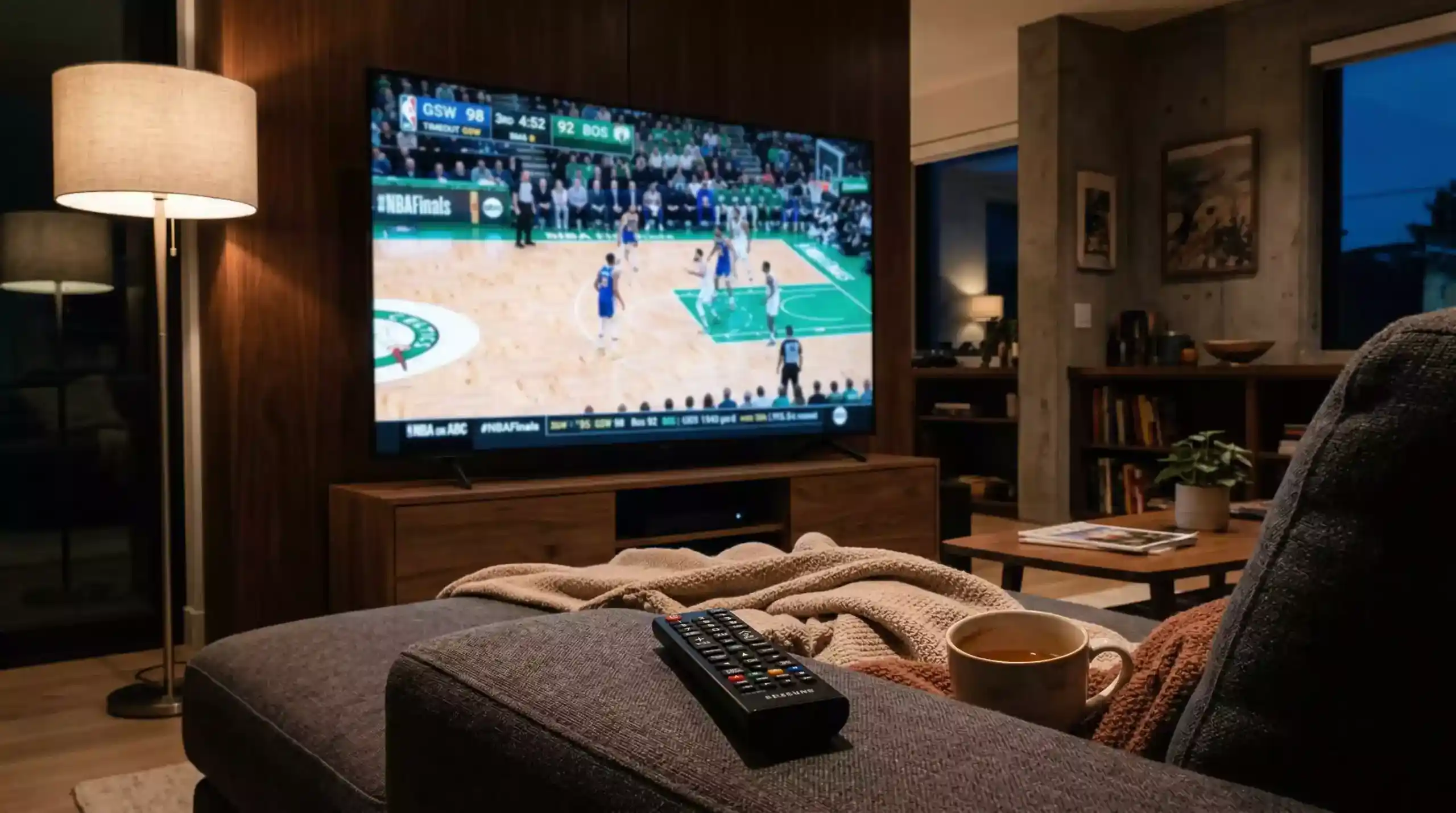 Televisor mostrando la retransmisión de un partido de la Liga Endesa en una sala de estar