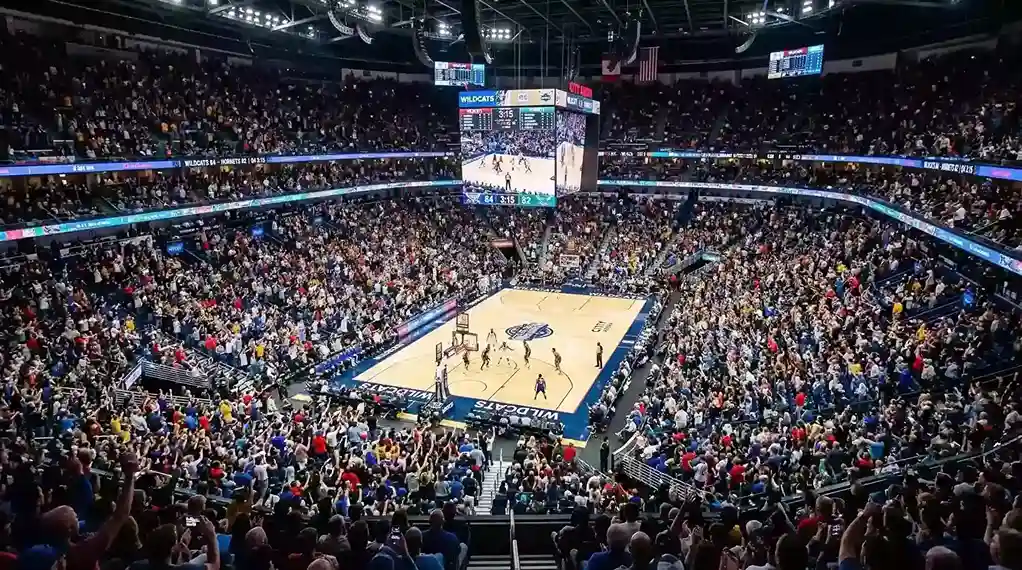 Pabellón de baloncesto de la Liga Endesa completamente lleno de espectadores durante un partido