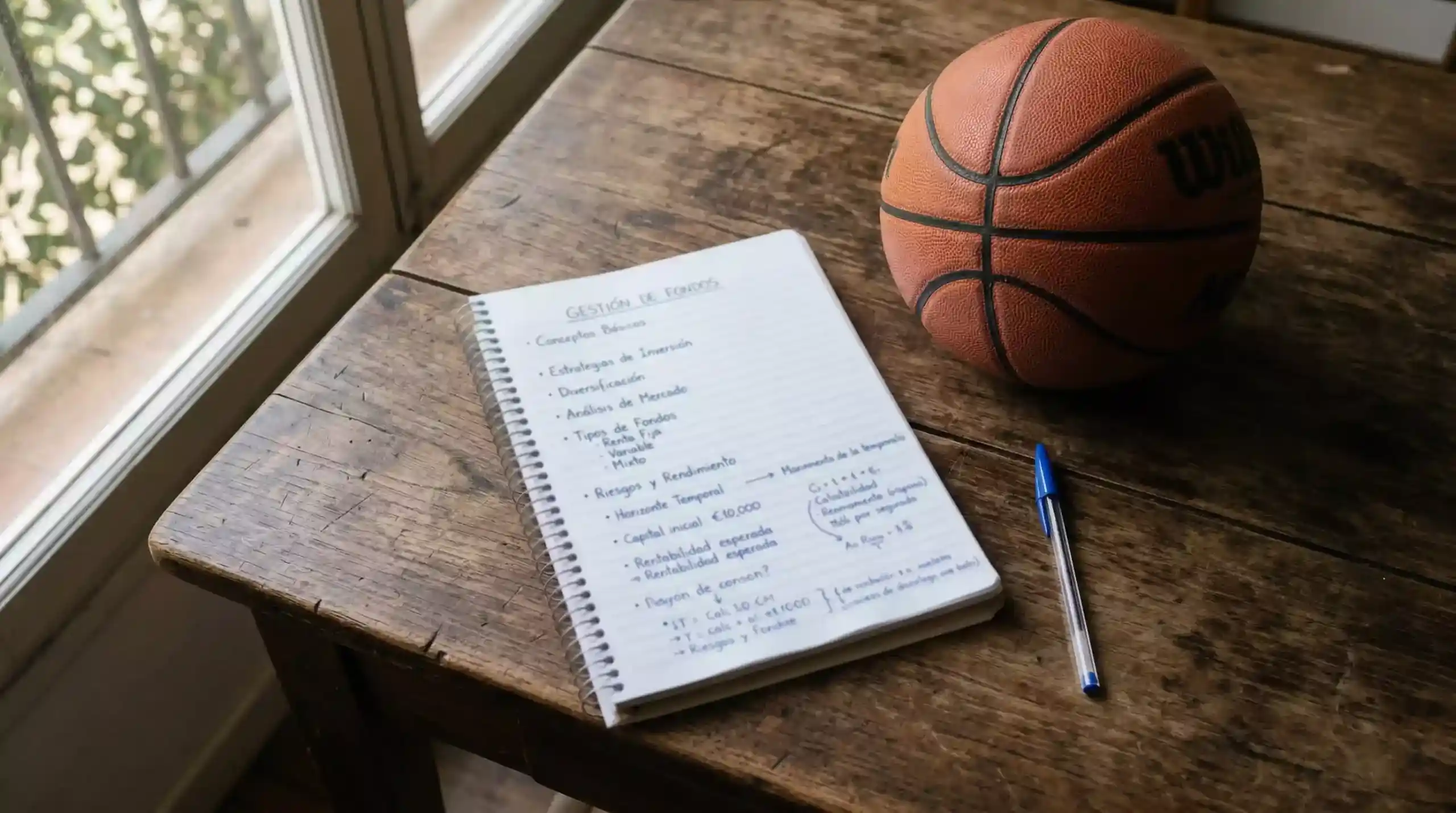 Libreta con anotaciones de gestión de bankroll junto a un balón de baloncesto sobre un escritorio