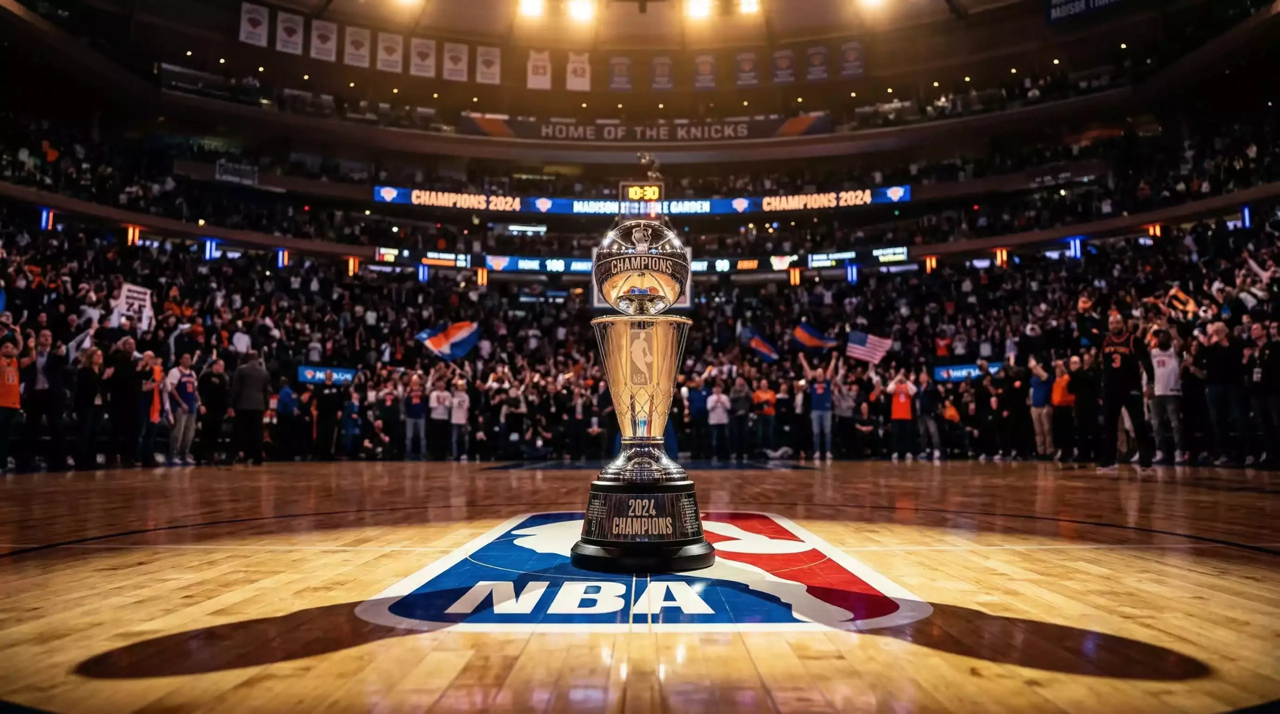 Trofeo de campeón de la Liga Endesa ACB sobre una cancha de baloncesto iluminada