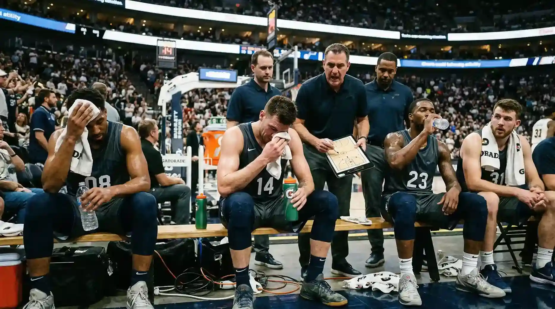 Jugadores de baloncesto descansando en el banquillo durante un partido de Euroliga