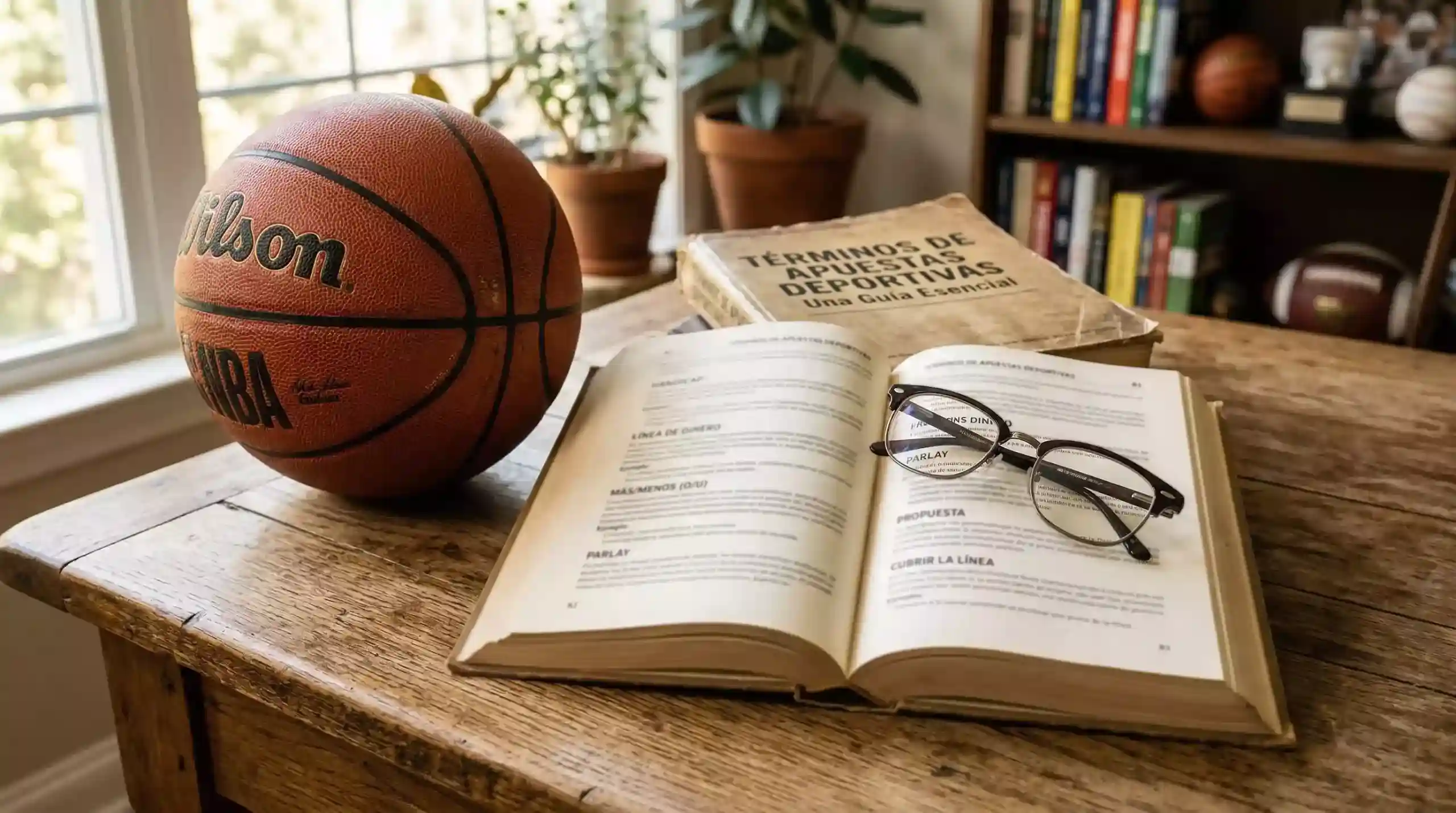 Libro abierto con términos de apuestas deportivas junto a un balón de baloncesto sobre una mesa
