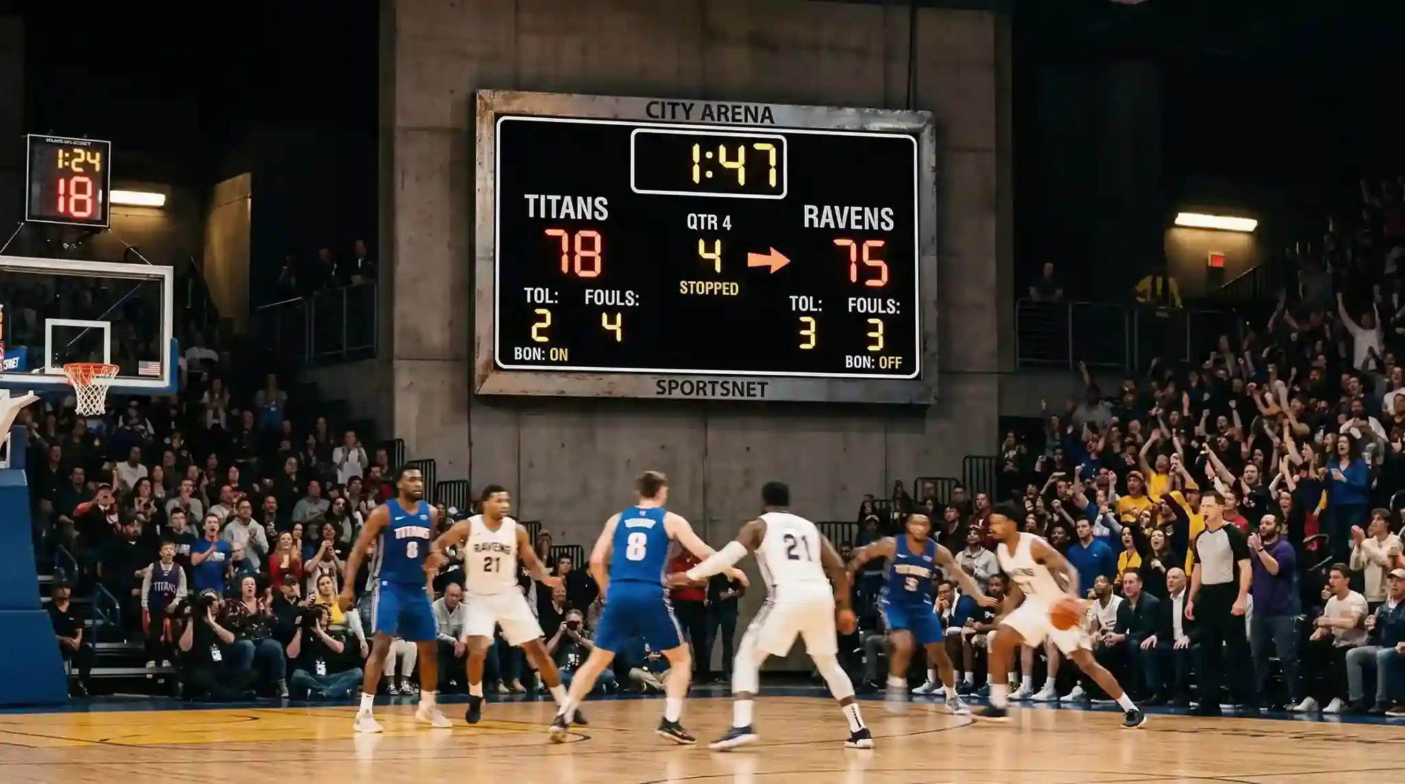 Marcador electrónico de un partido de baloncesto mostrando una diferencia de puntos ajustada