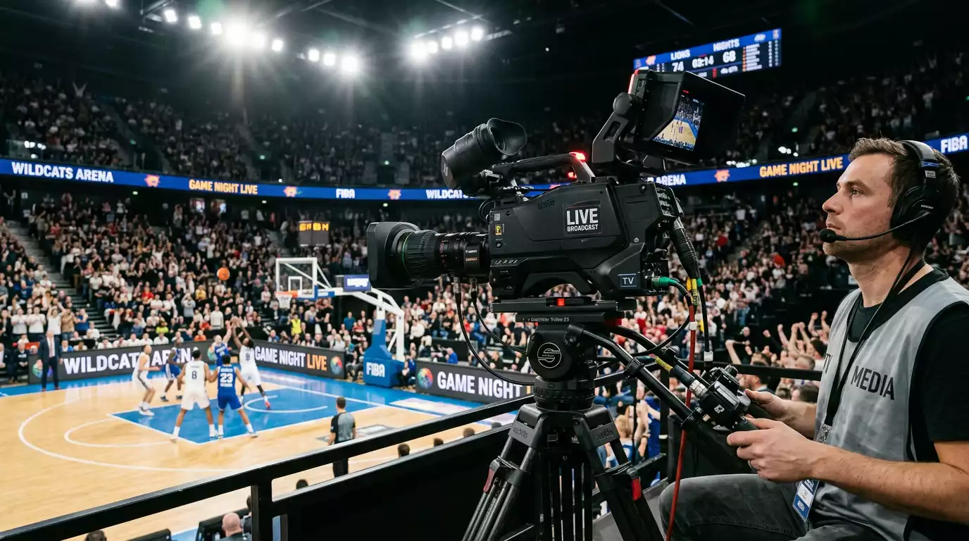 Cámara de televisión enfocando una cancha de baloncesto de la Liga Endesa durante un partido