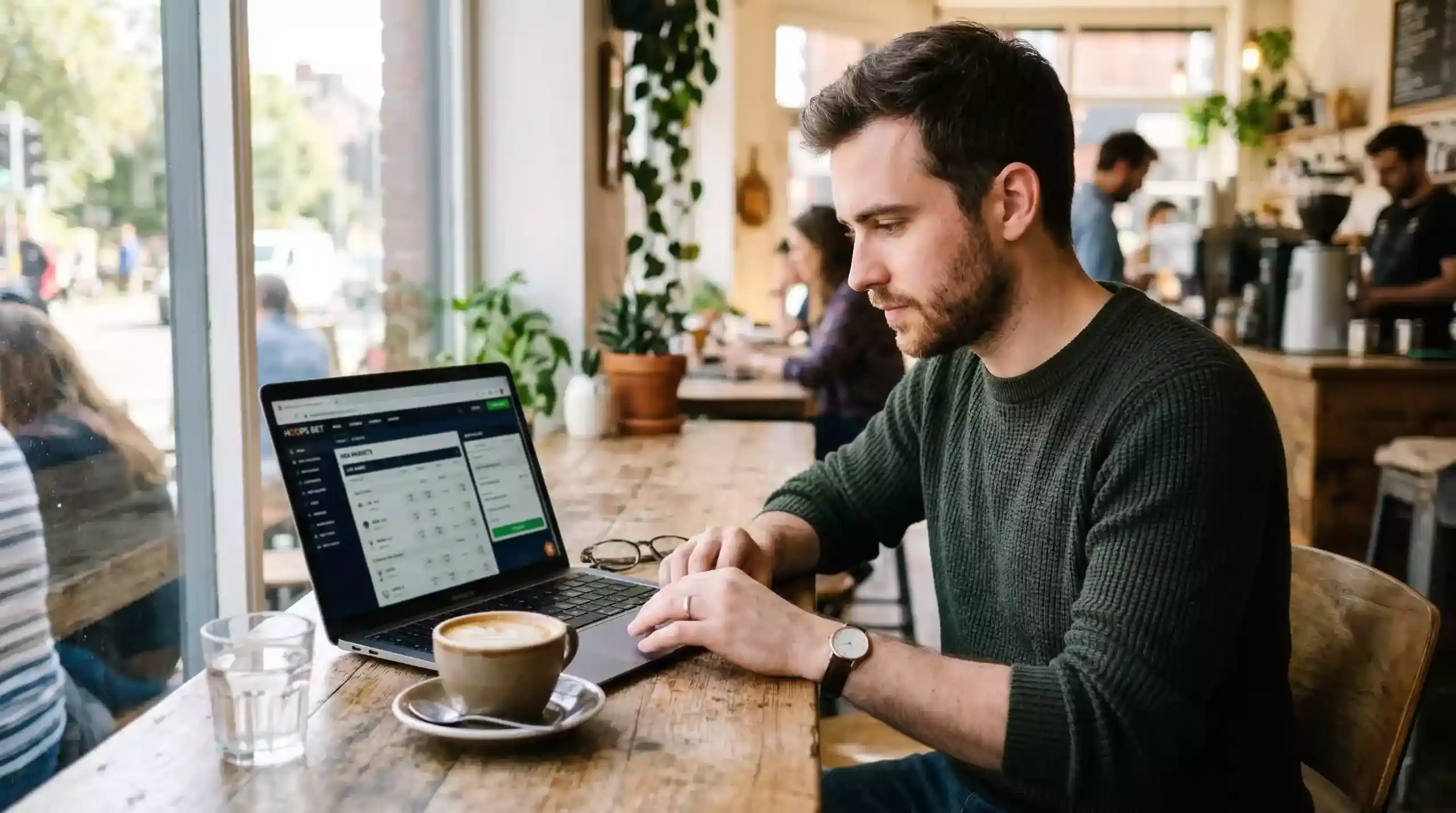 Joven adulto usando un portátil en un café con una interfaz de apuestas deportivas en pantalla