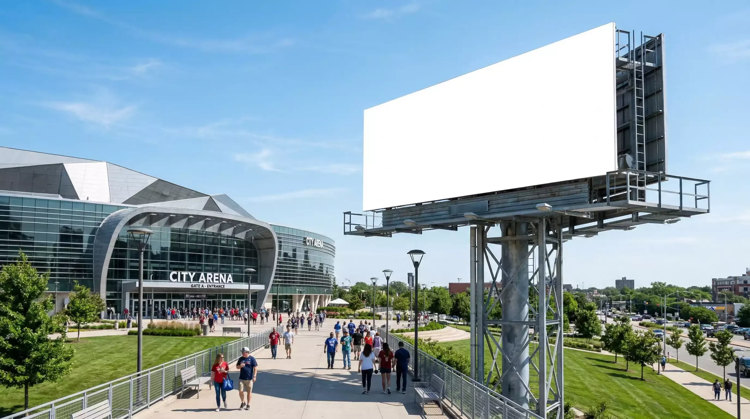 Valla publicitaria vacía junto a un estadio deportivo en España representando las restricciones