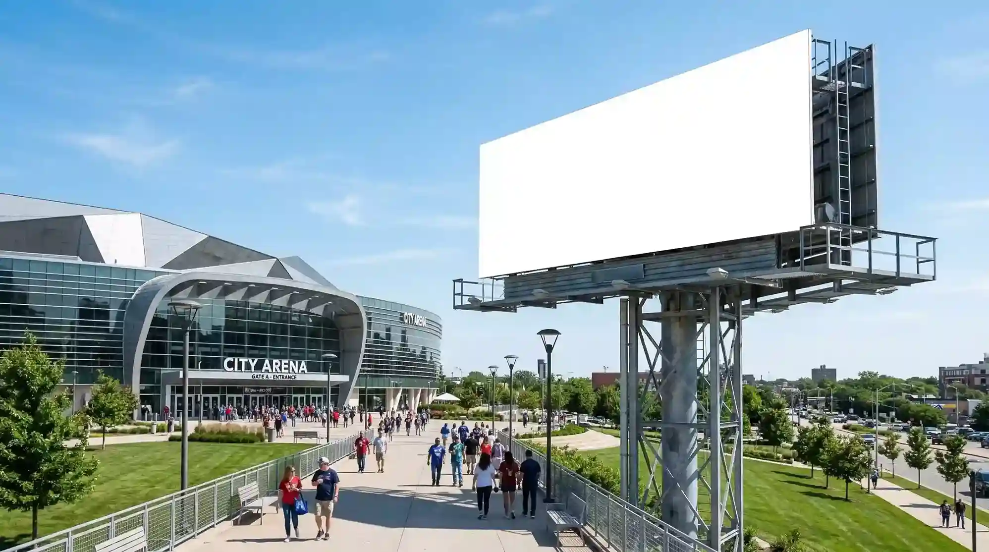 Valla publicitaria vacía junto a un estadio deportivo en España representando las restricciones